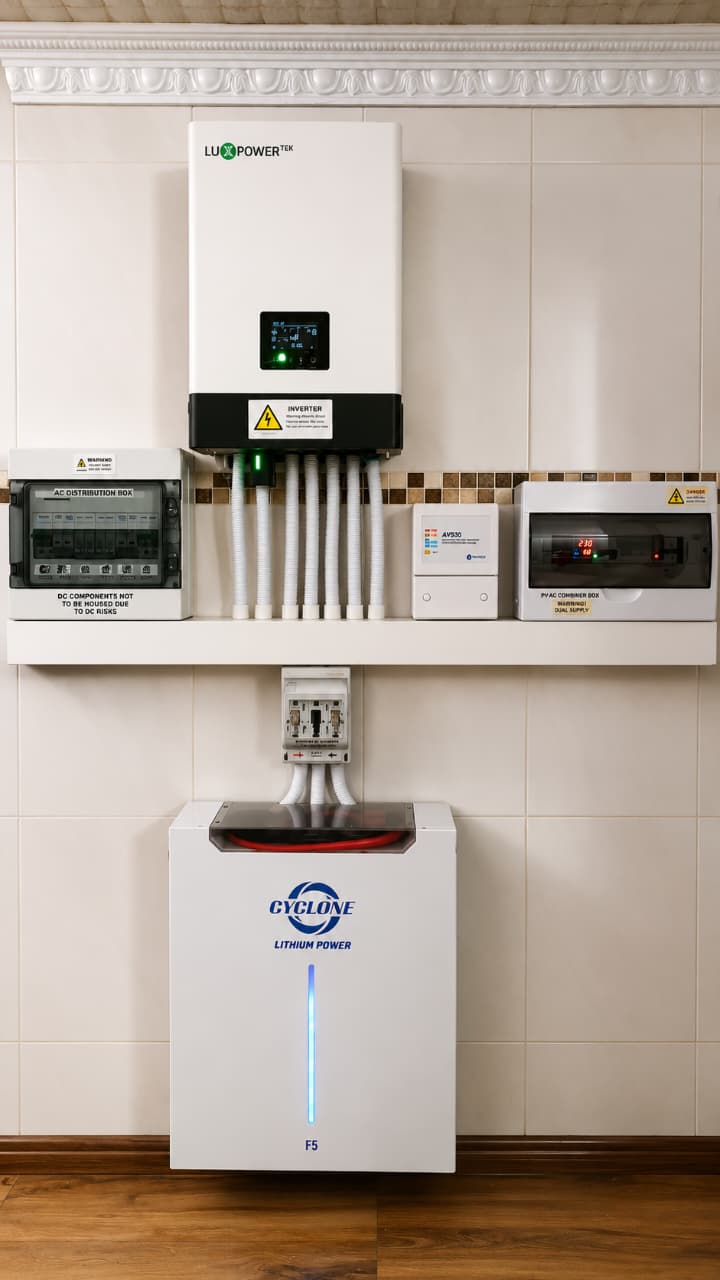 LuxPower hybrid inverter with Cyclone F5 lithium battery, AC distribution and PV combiner boxes installed by MVM Power Solutions